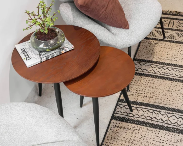 ZYNSELL Set of 2 Dark Wood & Black Metal Side Tables - Image 2